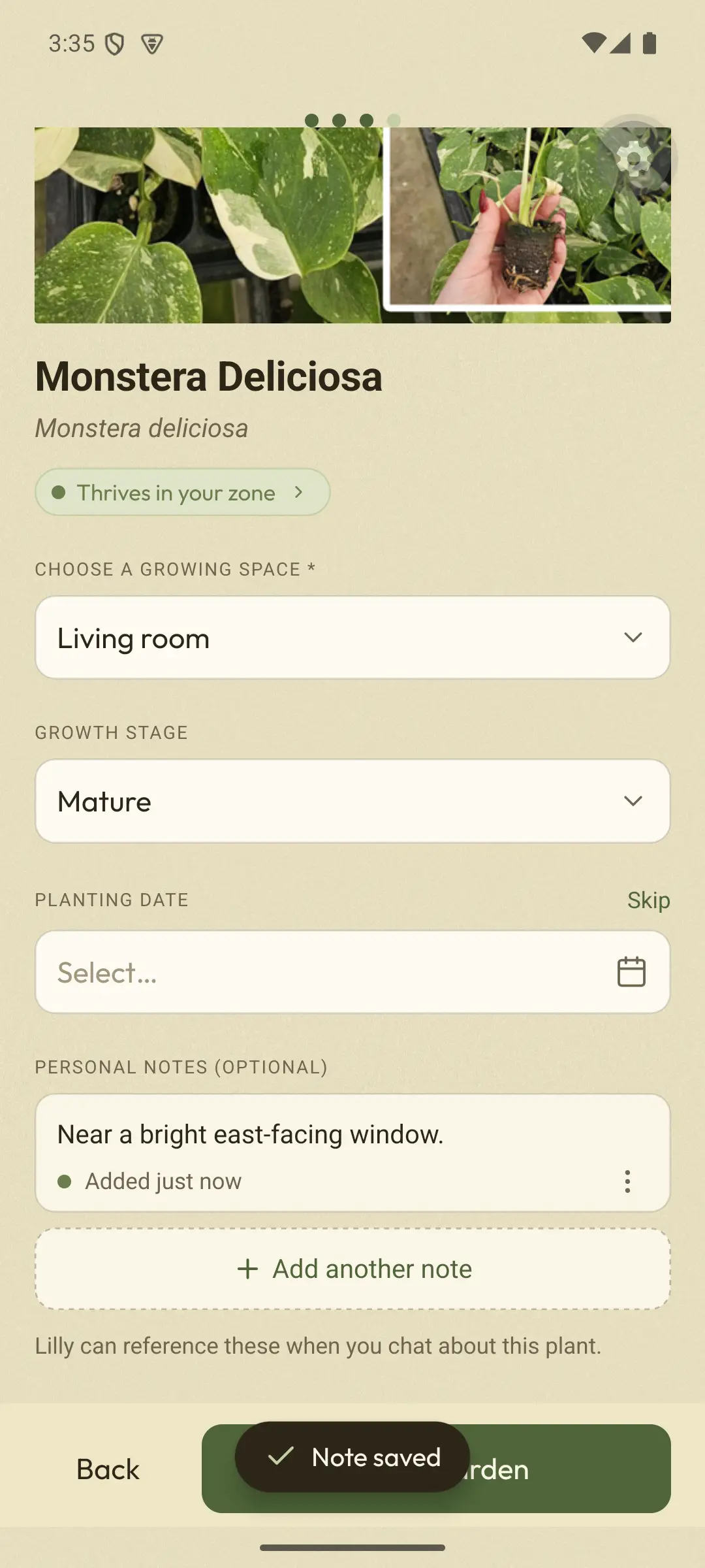Real beta screen, from when the app was called Lilly. Personal notes: Near a bright east-facing window. Added just now. Add another note. Lilly can reference these when you chat about this plant.