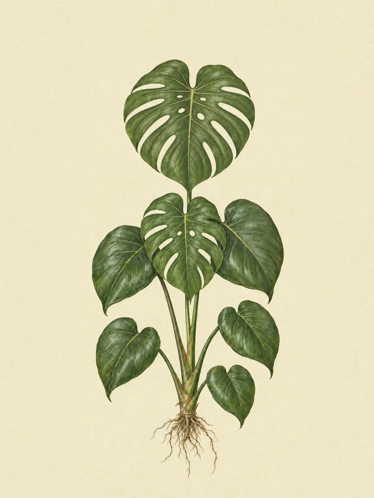 The example Monstera at summer’s end: the split leaf has darkened, and a larger split leaf has opened above it.