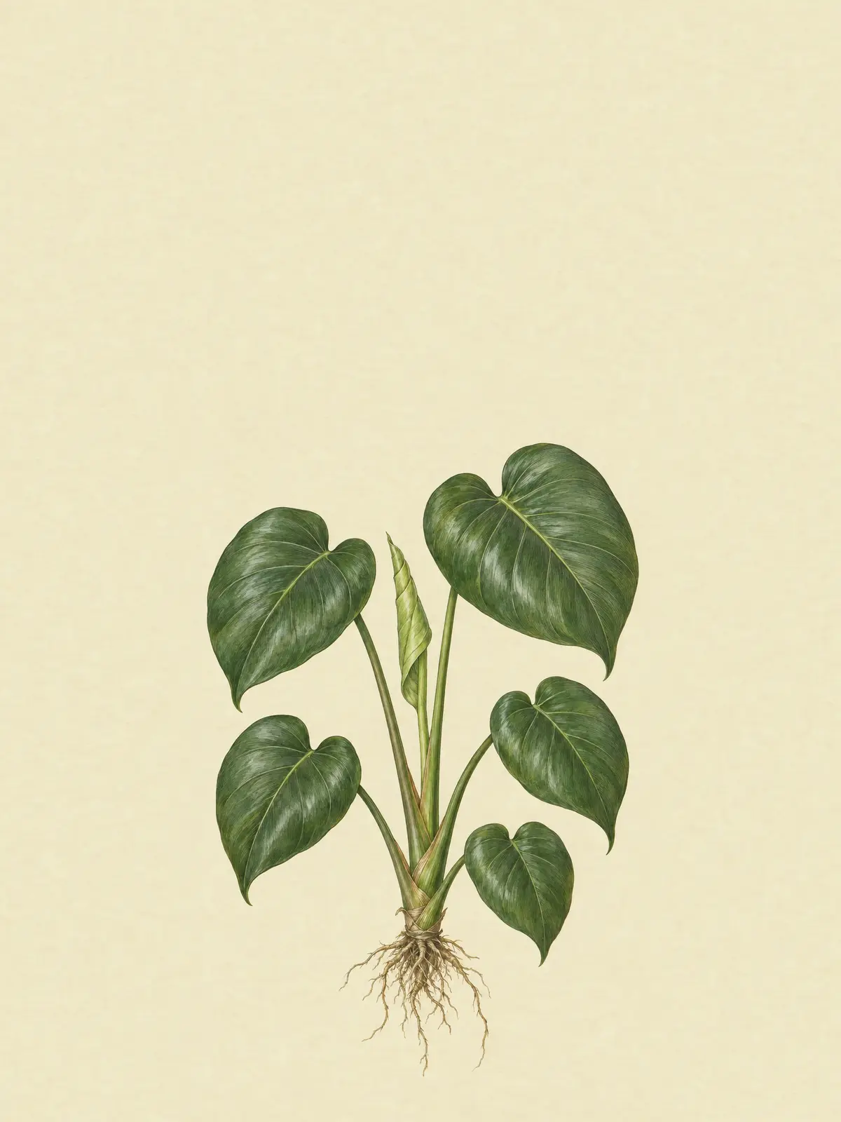 The example Monstera with a pale, rolled new leaf rising from the centre.