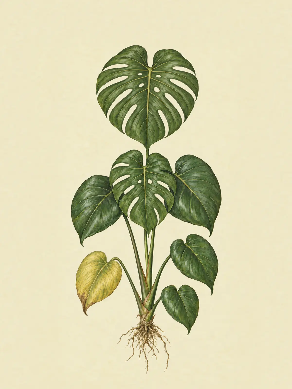 The example Monstera with its lowest leaf turning yellow.